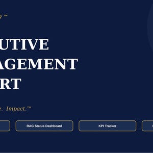 May include: A dark blue digital graphic titled EXECUTIVE MANAGEMENT REPORT with the brand name STRUCTUREIQ at the top. It features the tagline Clarity. Structure. Impact. and four rectangular buttons labelled 8 Report Sections, RAG Status Dashboard, KPI Tracker, and Board-Ready Reporting.