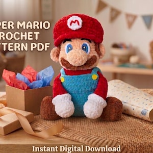 May include: A plush crochet doll of the character Mario, featuring a red hat with a white M emblem, a brown mustache, blue overalls with yellow buttons, and white gloves. The text SUPER MARIO CROCHET PATTERN PDF and Instant Digital Download are visible.