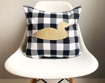 Loom örngott, Rutig flanell, Konstläder, Modern Cottage Canadiana, Vit, Svart, Neutral, Kanada örngott, Kanadensisk fågel kudde