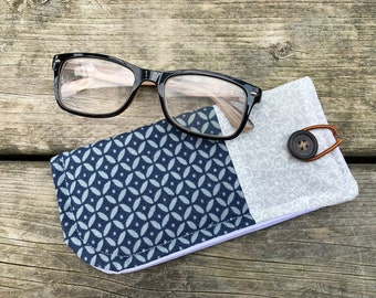 Soft Glasses Case, Sunglasses Fabric Sleeve - Reading Glasses Pouch, Floral, Geometric Pattern, Women's Gift, Accessories, Blue, Grey