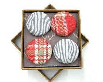Fabric Button Magnets, Flannel Plaid, Log Pattern, Set of 4, Fridge Magnets, Whiteboard Magnet, Guys, Girls Rustic Gift, Cottage Decor
