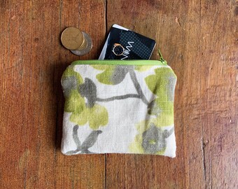 Linen Coin Pouch: Handmade Floral Zippered Change Purse