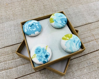 Fabric Button Magnets, Set of 4, Floral Fridge Magnets, Whiteboard Magnets - White, Blue, Cute Affordable Gift, Ready to Ship