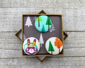 Fabric Button Magnets, Woodland Theme, Trees, Set of 3, Fridge Magnets, Whiteboard Magnet, Teachers Gift, Cottage Decor