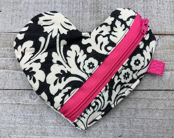 Heart Shape Fabric Pouch / Earbuds Case, Zippered, Lined, Black & White Damask Pattern Change Purse, Student Gift, Coin Purse, Black, Pink