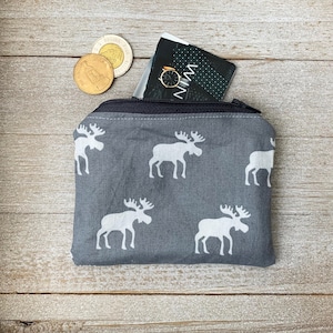 Monedero hecho a mano, monedero pequeño, estampado de alce, forrado, bolsa de tela con cremallera, accesorios para monedero, tarjetero