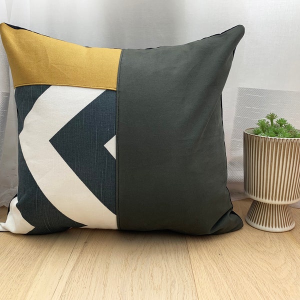 Patchwork Mod 16x16 Pillow Cover, Black White, Mustard, Masculine, Minimalist Modern Contemporary Home Decor, Geometric, Accent Pillow