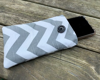 Cell Phone Fabric Pouch, Chevron Pattern, iPhone Sleeve, Button Loop Closure, Smartphone Sleeve, Multi-Use Pouch, Lined Phone Pouch
