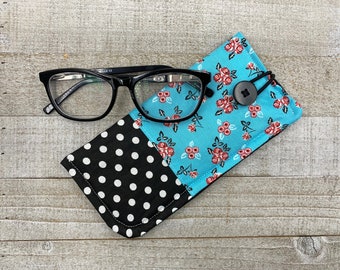 Soft Glasses Case, Sunglasses Fabric Sleeve - Readers Pouch, Floral, Polka Dots Patchwork Pattern Block Pattern, Women's Gift, Accessories,