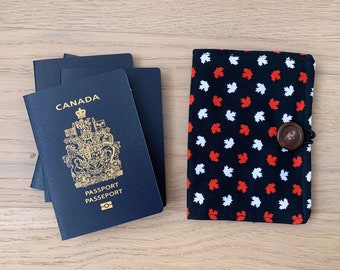 Passport Cover - Passport Travel Sleeve with Closure, Canada Maple Leaf Passport, Family Passport Holder with Pockets, Flannel Lined