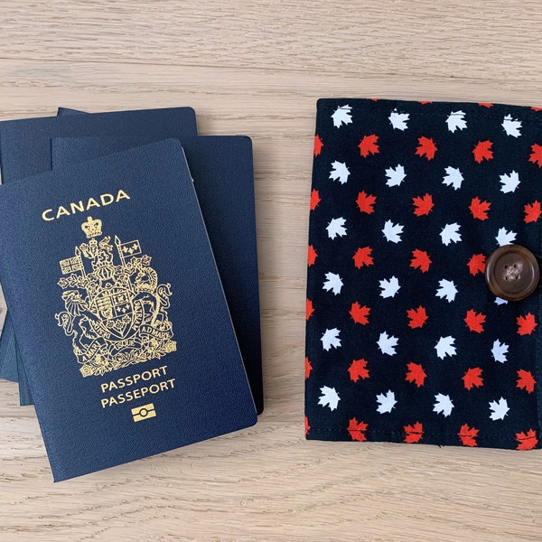 Passport Cover - Passport Travel Sleeve with Closure, Canada Maple Leaf Passport, Family Passport Holder with Pockets, Flannel Lined