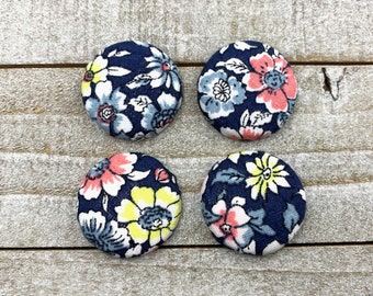 Fabric Button Magnets, Set of 4, Floral Fridge Magnets, Whiteboard Magnets - Navy Blue, Pink, Yellow, Cute Affordable Gift, Ready to Ship