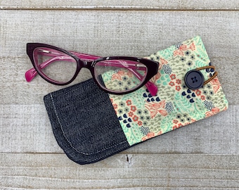 Floral Patterned Fabric Glasses Case, Sunglasses Fabric Sleeve - Reading Glasses Pouch, Floral, Denim, Patchwork, Women's Accessories