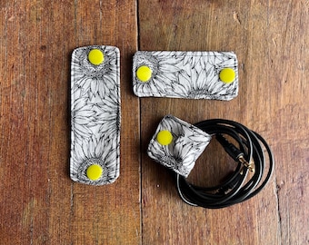 SET - Sunflower Patterned Fabric Cord Keeper, Cable Organizer with Snaps, Home Organization, Cord Holders, Travel Gift, Floral Print