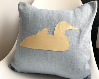 Loons Pillow Cover, Linen & Faux Leather, Cottage Canadiana, Blue, Tan, Neutral, Canada Pillow Cover, Canadian Birds, Nature Lovers, Baby