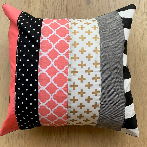 Modern Patchwork Pillow Cover, 18x18", Coral Pink, Black, White, Gold, Girls Room, Nursery, Colour Pattern Block, Home Decor, Polka Dots