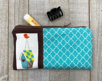 Patchwork Fabric Pouch, Mini Make-up Cosmetic Pouch, Small Travel Pouch, Birds, Turquoise, Little Pencil Case, Women's Modern Pouch