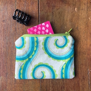Groovy Patterned Coin Pouch, Zippered Small Change Purse, Travel Pouch, Little Wallet, Swirly Retro Pattern, White, Green, Blue
