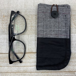 Soft Glasses Case, Sunglasses Fabric Sleeve - Neutral Reading Glasses Pouch, Herringbone Plaid, Accessories, Menswear Inspired, Black