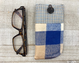 Flannel Patchwork Soft Glasses Case, Plaid Men's, Gender Neutral Padded Sunglasses Fabric Sleeve - Reading Glasses Pouch, Gift for Guys