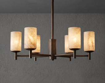 Modern Alabaster Chandelier, 6-Light Brass Linear Ceiling Light, Minimalist Stone Pendant, Custom Drop Fixture