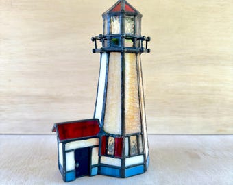 Bougeoir vintage en vitrail en forme de phare - Lanterne chauffe-plat style marin - Abat-jour style Tiffany