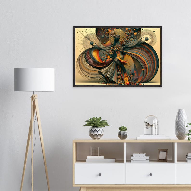 Ingelijste wanddecoratie met Afro-Amerikaanse dans, Jubilee, zwarte kunstprint, Afro-surrealistische decoratie in goud en brons, klaar om op te hangen. afbeelding 5