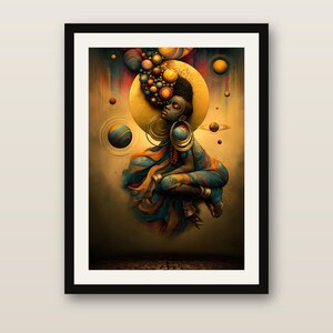 K&ouml;nnte beinhalten: Ein gerahmter Kunstdruck, der eine Figur in meditativer Haltung zeigt, umgeben von schwebenden Kugeln und himmlischen Ringen. Die Farbpalette besteht aus tiefen Blaut&ouml;nen, leuchtendem Orange und warmen Goldt&ouml;nen in einer kosmischen Komposition.