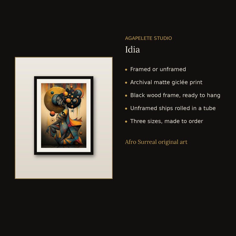 May include: A framed art print titled Idia by Agapelete Studio featuring a stylized figure with dark skin, geometric patterns, and circular elements in shades of gold, blue, and orange. The artwork is displayed in a black frame on a light background.
