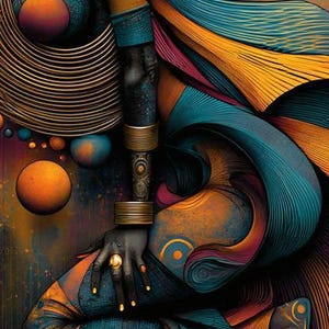 May include: A digital artwork featuring a dark-skinned arm adorned with stacked gold bracelets and a gold ring. The composition includes swirling patterns in shades of teal, orange, and yellow, with circular orbs floating against a textured background.