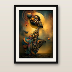 May include: A framed digital art print featuring a figure in profile adorned with numerous golden rings and spheres. The composition includes a large yellow sun, swirling orange and teal patterns, and floating orbs against a dark background.