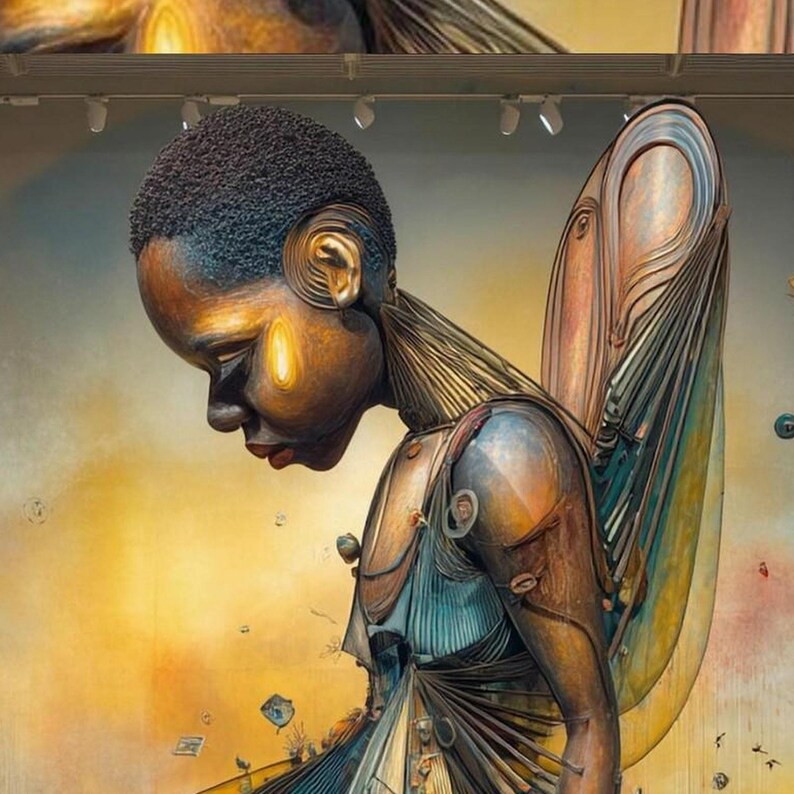 May include: A stylised sculpture of a figure with dark skin and short textured hair, featuring metallic bronze and blue tones. The figure has large wing-like structures extending from the back, with intricate layered lines and a smooth finish.