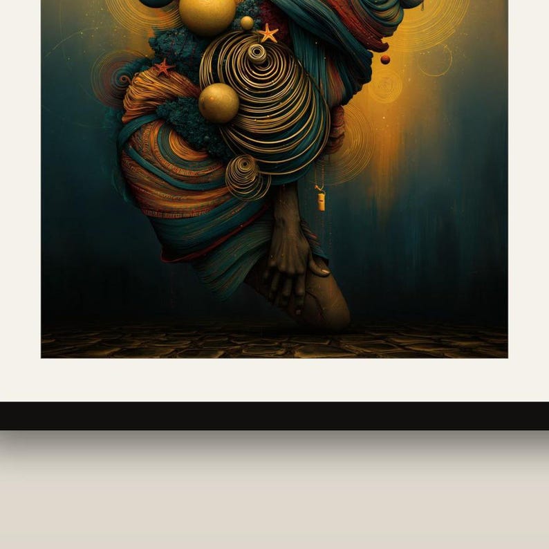 May include: A surreal digital artwork featuring a dark, textured figure with swirling layers of teal, orange, and gold fabric. The composition includes golden spheres, small starfish, and concentric circular patterns against a glowing, dark background.