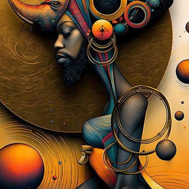 May include: A digital illustration of a person with dark skin and a beard, wearing a headpiece with large gold rings and circular accents. The composition features a large golden disc, orange spheres, and concentric lines in a warm color palette.