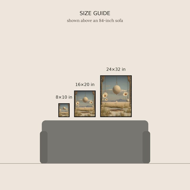 May include: A size guide graphic displaying three framed rectangular wall art prints above an 84-inch sofa. The prints are labeled 8x10 in, 16x20 in, and 24x32 in. Each print features a surreal landscape with floating spheres and flowers.
