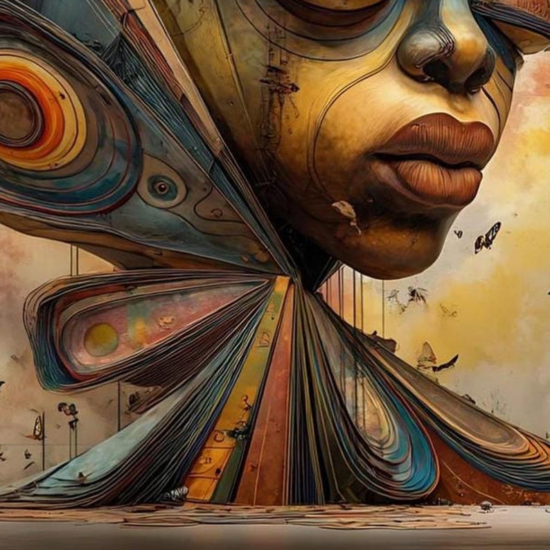 May include: A surreal digital artwork featuring a stylized human face with golden-brown skin tones, integrated into a large, multi-layered butterfly wing structure with concentric circles and vibrant orange, blue, and yellow hues.
