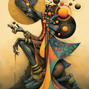 Op de afbeelding: Een knielende figuur met een donkere huid draagt een hoog, getextureerd hoofddeksel versierd met oranje en gele bollen. De figuur is gehuld in vloeiende, veelkleurige stof met blauwgroene, oranje en gouden patronen, geaccentueerd door gestapelde gouden armbanden.