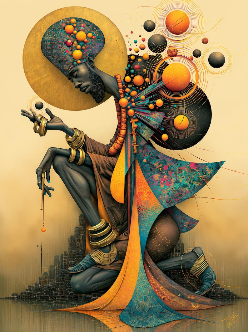 Op de afbeelding: Een knielende figuur met een donkere huid draagt een hoog, getextureerd hoofddeksel versierd met oranje en gele bollen. De figuur is gehuld in vloeiende, veelkleurige stof met blauwgroene, oranje en gouden patronen, geaccentueerd door gestapelde gouden armbanden.