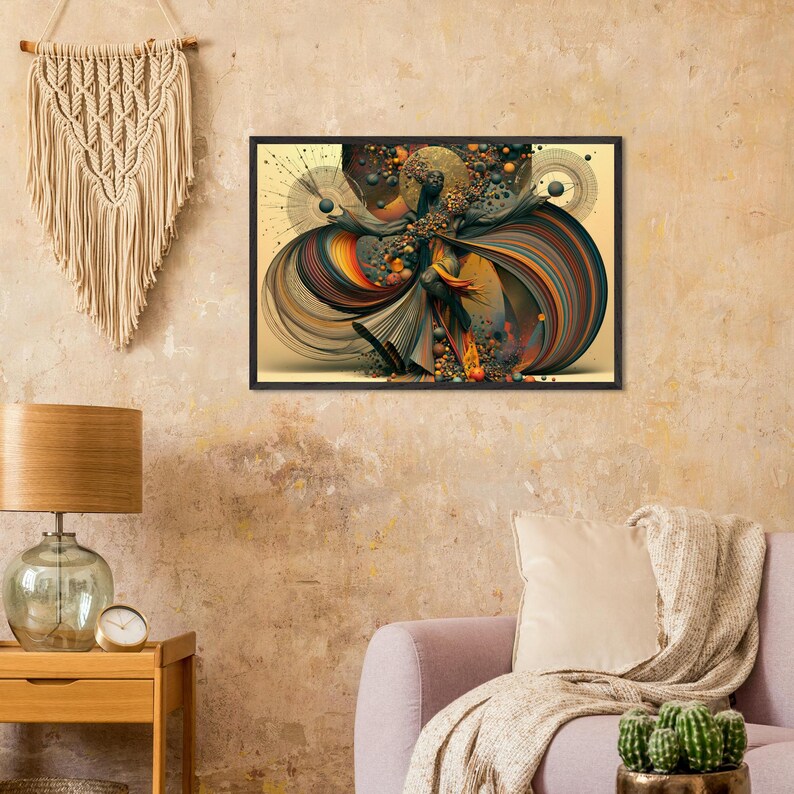 Ingelijste wanddecoratie met Afro-Amerikaanse dans, Jubilee, zwarte kunstprint, Afro-surrealistische decoratie in goud en brons, klaar om op te hangen. afbeelding 6