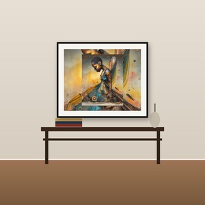 May include: A framed wall art print featuring a stylised figure with golden skin tones, wearing a blue and gold dress adorned with circular patterns. The background displays a warm, abstract gradient of yellow and orange hues with scattered geometric shapes.