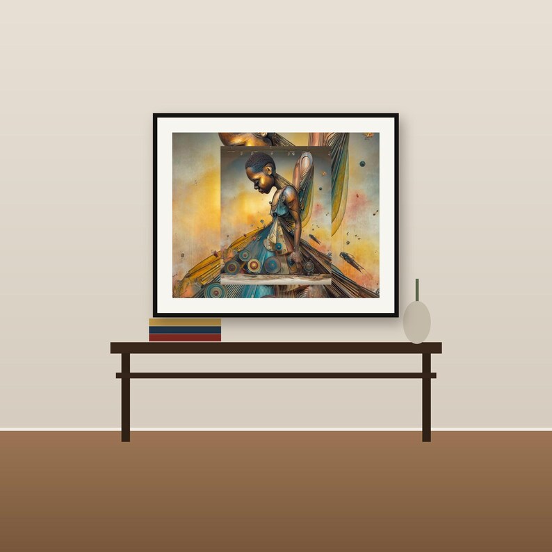 May include: A framed wall art print featuring a stylised figure with golden skin tones, wearing a blue and gold dress adorned with circular patterns. The background displays a warm, abstract gradient of yellow and orange hues with scattered geometric shapes.