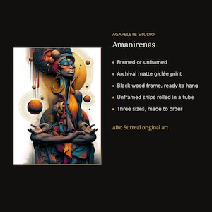 May include: An archival matte gicl&eacute;e print titled Amanirenas by Agapelete Studio. The artwork features a person in a meditative pose surrounded by floating spheres and circular patterns in shades of orange, blue, and black.