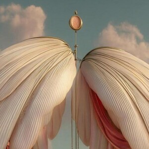 May include: Two large, symmetrical, off-white pleated fabric structures curve inward toward a central vertical gold metal rod. At the top of the rod sits a small, circular gold-framed pendant with a soft pink center against a cloudy sky.
