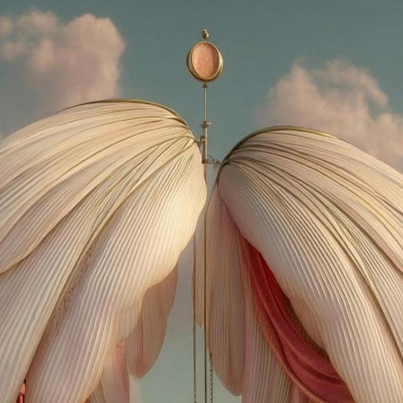 May include: Two large, symmetrical, off-white pleated fabric structures curve inward toward a central vertical gold metal rod. At the top of the rod sits a small, circular gold-framed pendant with a soft pink center against a cloudy sky.