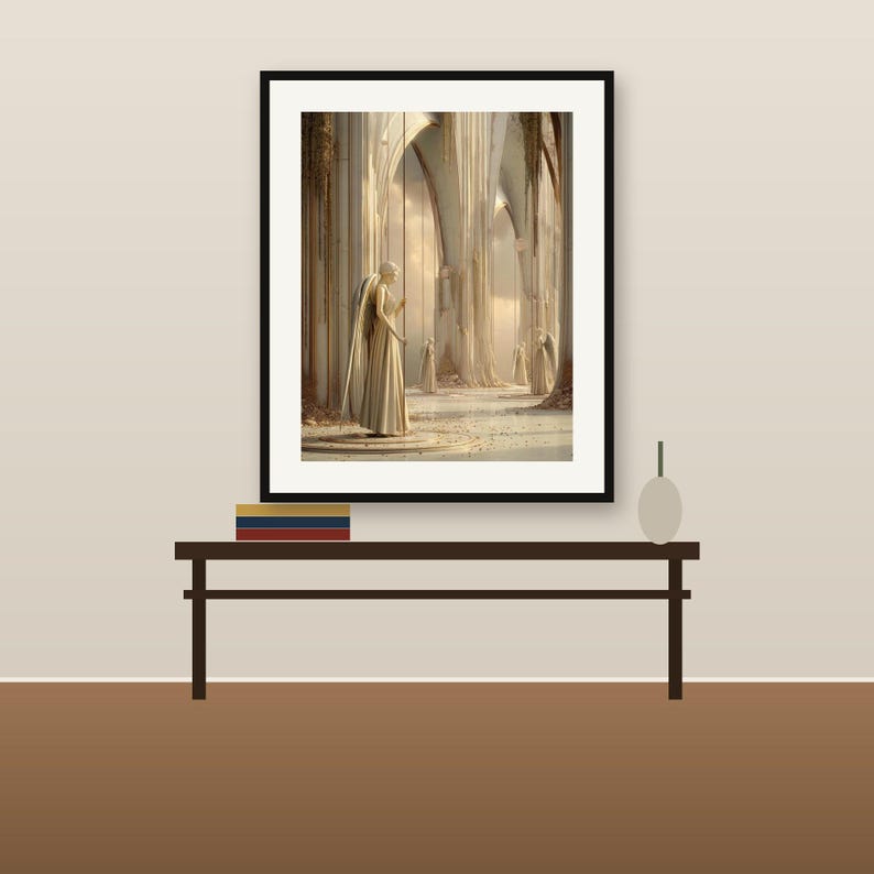 Op de afbeelding: Een ingelijste kunstdruk met een beige illustratie van een figuur in een lange jurk in een architecturale ruimte met hoge bogen en gedrapeerde stoffen, geplaatst op een donkerbruine consoletafel met boeken.