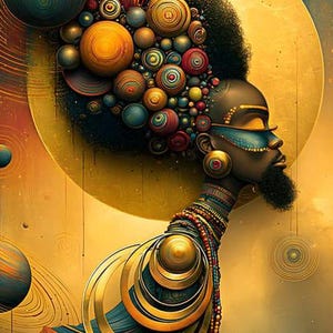 Peut inclure: Une illustration num&eacute;rique d'une personne de profil &agrave; la peau sombre, portant une barbe courte et une coiffure &eacute;labor&eacute;e compos&eacute;e de nombreuses sph&egrave;res color&eacute;es. La figure porte de grandes boucles d'oreilles dor&eacute;es et des colliers superpos&eacute;s.
