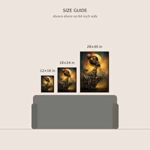 Peut inclure: Un guide des tailles illustrant trois impressions murales rectangulaires au-dessus d'un canap&eacute; de 213 cm. Les affiches repr&eacute;sentent une silhouette stylis&eacute;e aux tons or, bleu et orange, avec des dimensions de 30x41 cm, 46x61 cm et 71x102 cm.