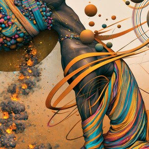 May include: A dark-toned figure draped in vibrant teal and orange striped fabric, adorned with clusters of small spheres. The composition features floating orange orbs, swirling ribbons, and a textured trail of glowing embers and dark smoke.