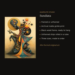 Op de afbeelding: Een archiefwaardige matte gicl&eacute;e-print getiteld Sundiata van Agapelete Studio. Het kunstwerk toont een knielende figuur in oranje en blauwe kleding, omringd door zwevende bollen tegen een gouden cirkelvormige achtergrond.