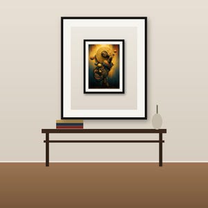 May include: A framed wall art print featuring a dark, abstract figure surrounded by floating golden spheres and warm, glowing light. The artwork is displayed in a black frame with a white mat, mounted on a wall above a dark brown console table.
